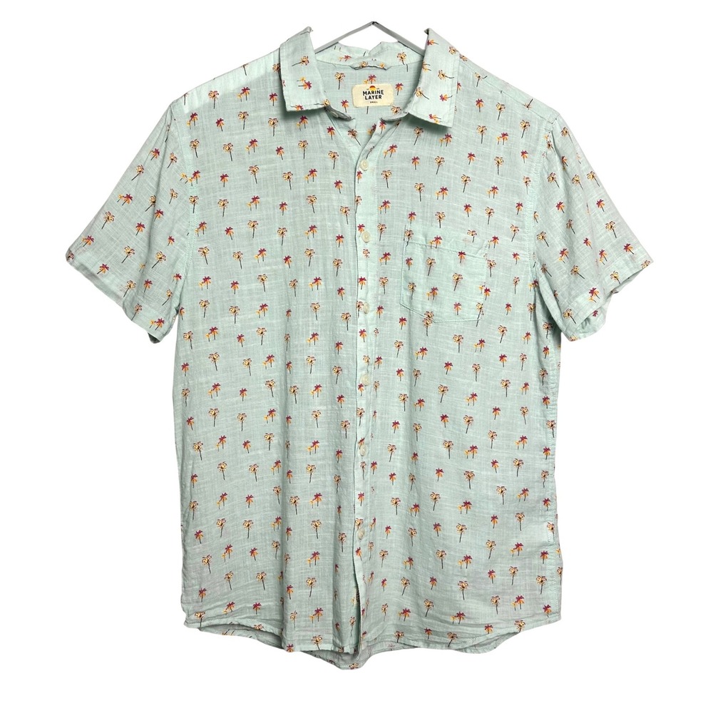 Marine Layer Mens Mint Green Mini Palm Tree Short Sleeve Button Down Shirt S